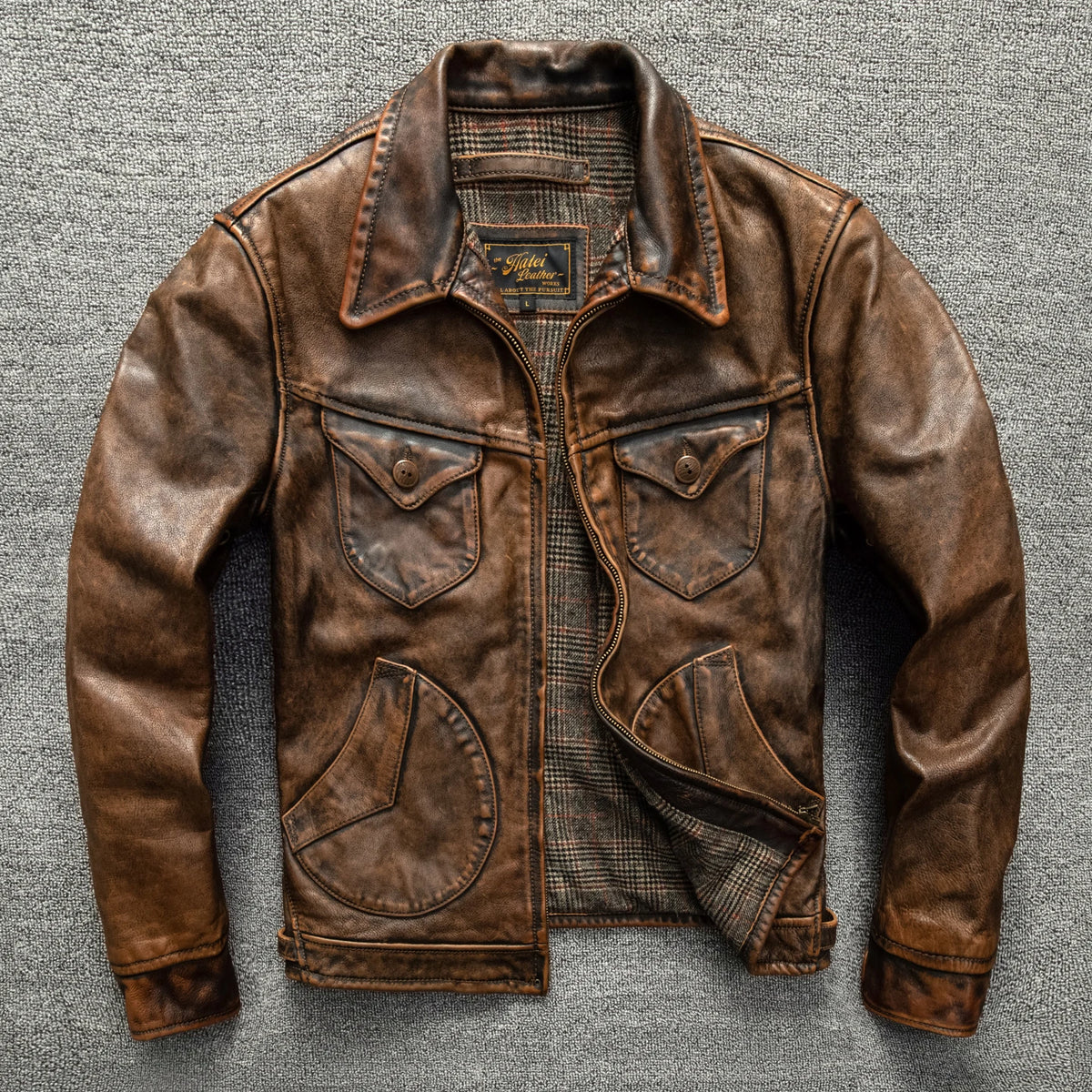Brown Autumn Leather Jacket Men Retro Vintage Style Plus Size 5XL Genuine Natural Cowhide Turn-Down Collar Slim Fit Leather Coat