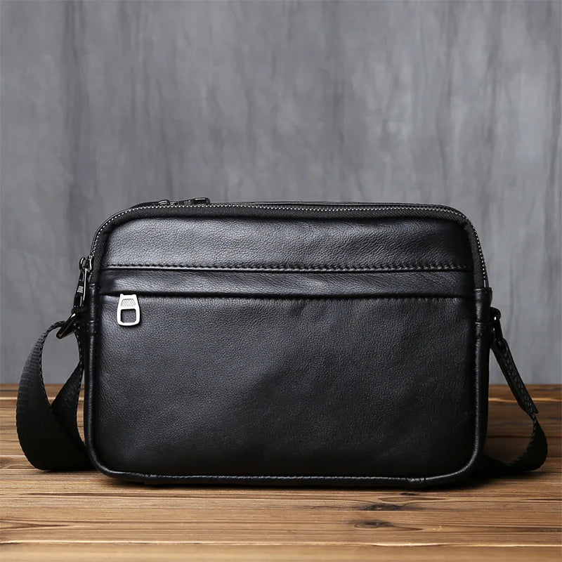NZPJ Casual Leather Men Shoulder Bag Natural Cowhide Messenger Bag Large Capacity Business Solid Color Backpack for 10-inch Ipad