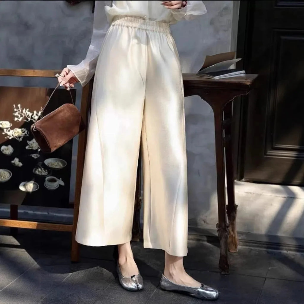 New Chinese Style Nine-Piece Silk-Light Casual Pants Women's Loose Fit Trousers in Peach Blossom White Elegant And Retro
