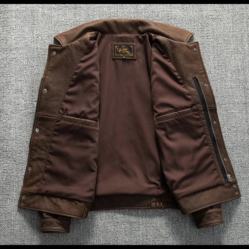 Genuine Natural Thick Cowhide California Mounted Police Coat Dark Brown Winter Leather Jacket Men Retro Style Plus Size 5XL