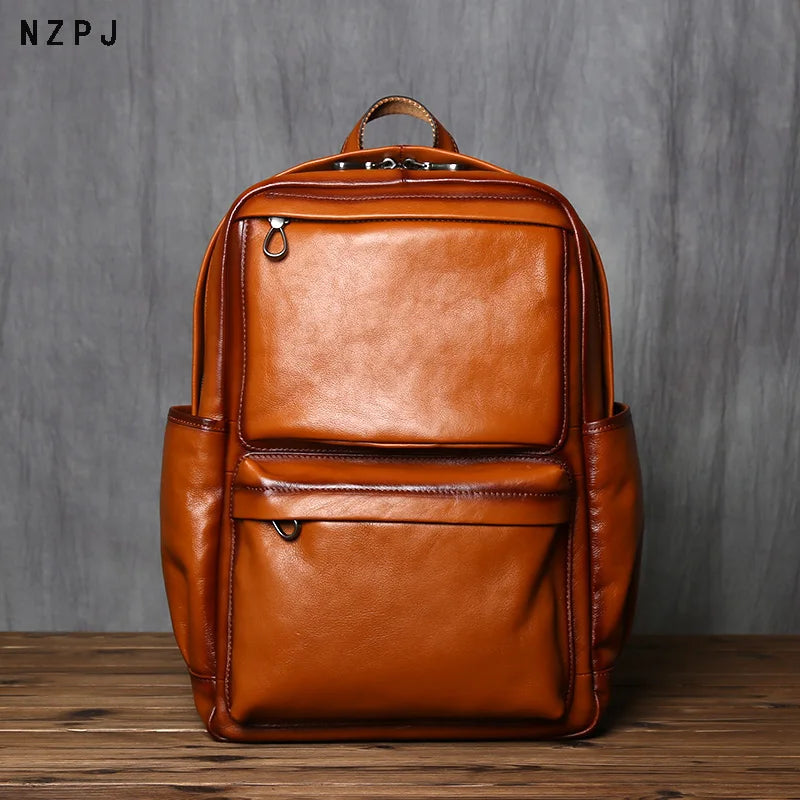 NZPJ Genuine Leather Men's Backpack Retro Top Layer Cowhide Casual Computer Bag European And American Fashion Travel Bag