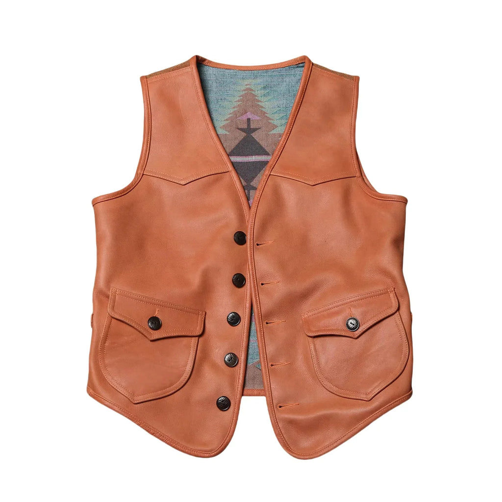 Orange Autumn Leather Vest Men Retro Style Plus Size 5XL Genuine Natural Cowhide Short Single Breasted Sleeveless Spliced Coat