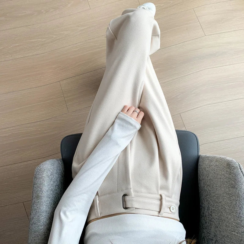 Thickened Fleece Lined Winter Wide Leg Pants High Waist Floor Length Straight Cut Casual Trousers for Women Woolen Suiting