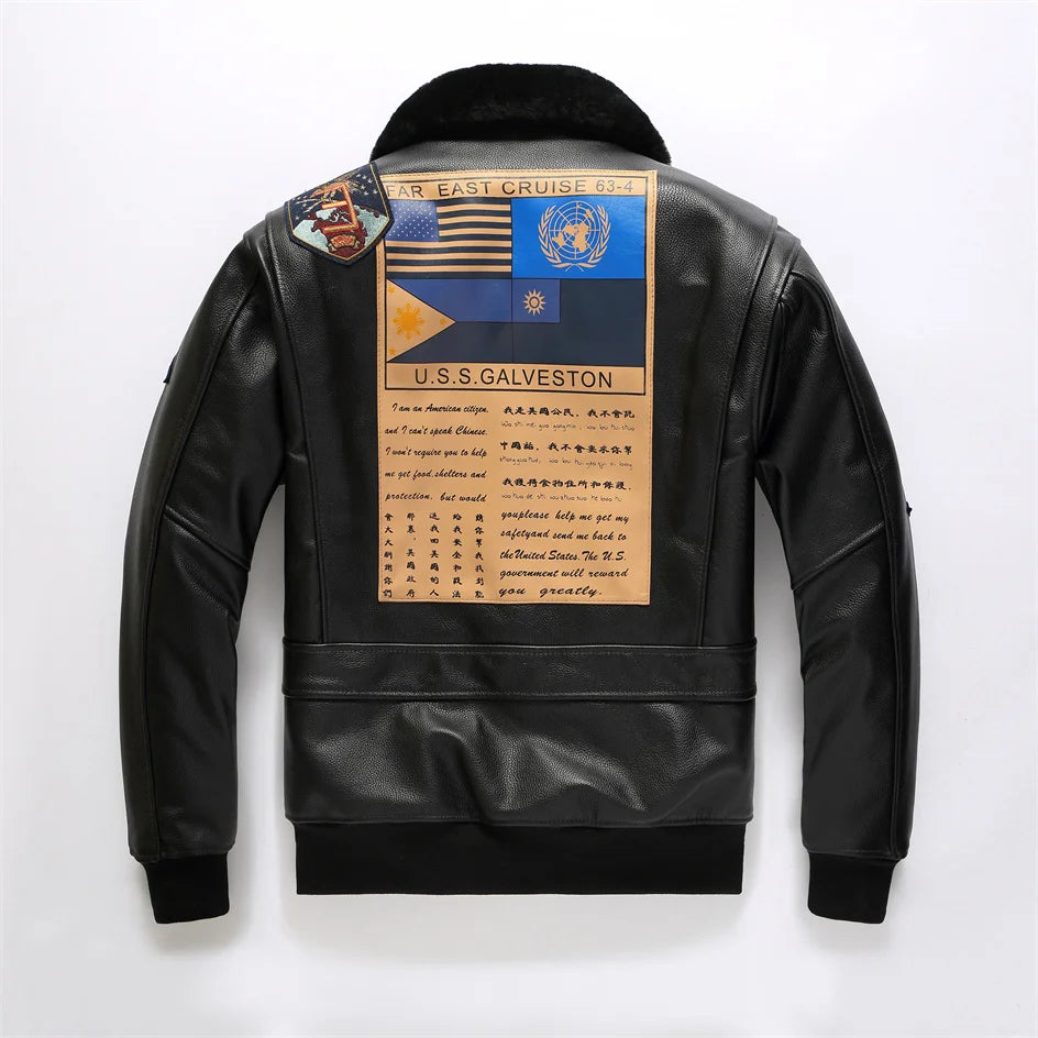 Black Winter Leather Jacket Men Retro Style Europe Size Genuine Natural Thick Cowhide Turn-Down Collar G1 Flight Coat