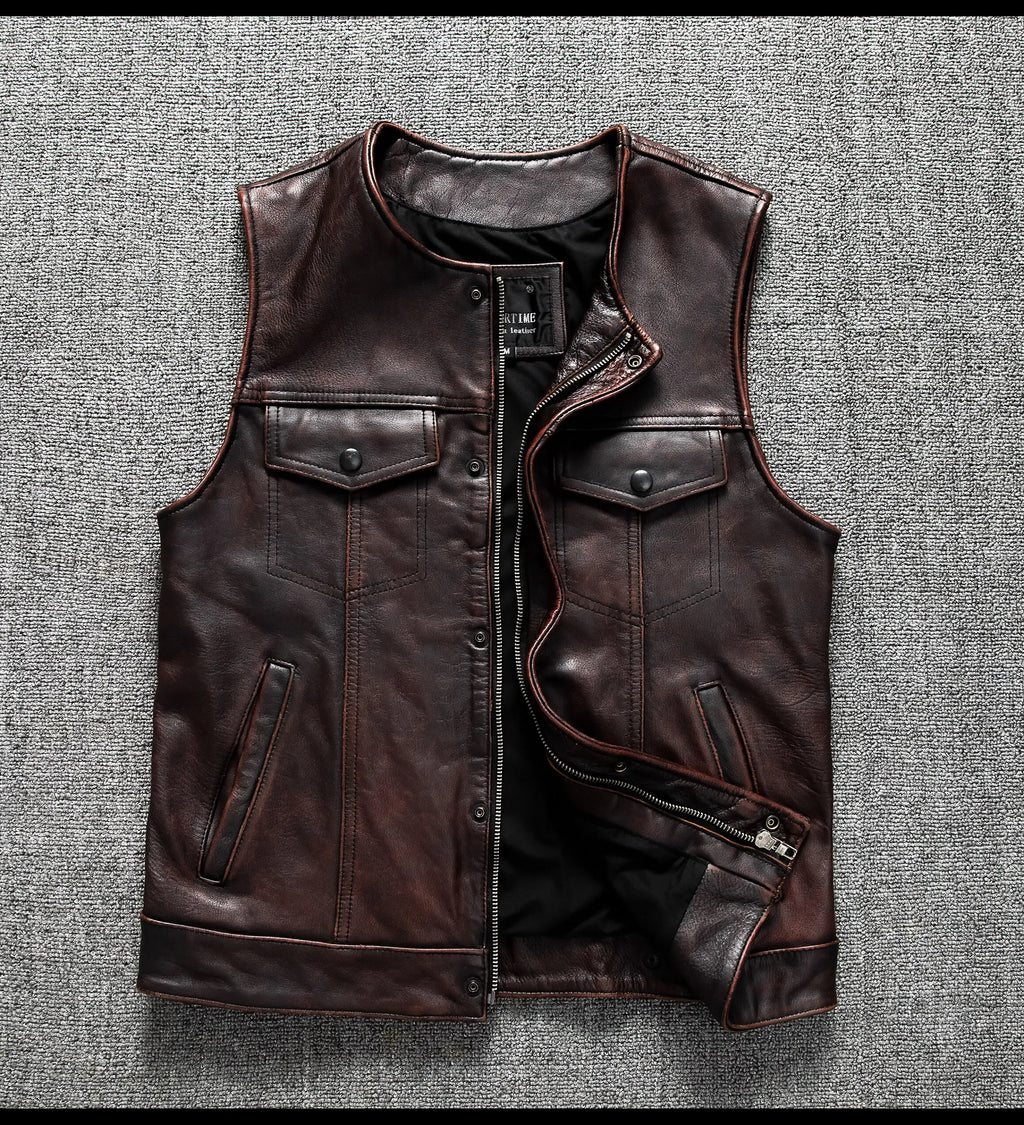 Red Brown Spring Leather Vest Men Retro Style Plus Size 6XL Genuine Natural Cowhide O-Neck Collar Slim Fit Short Sleeveless Coat