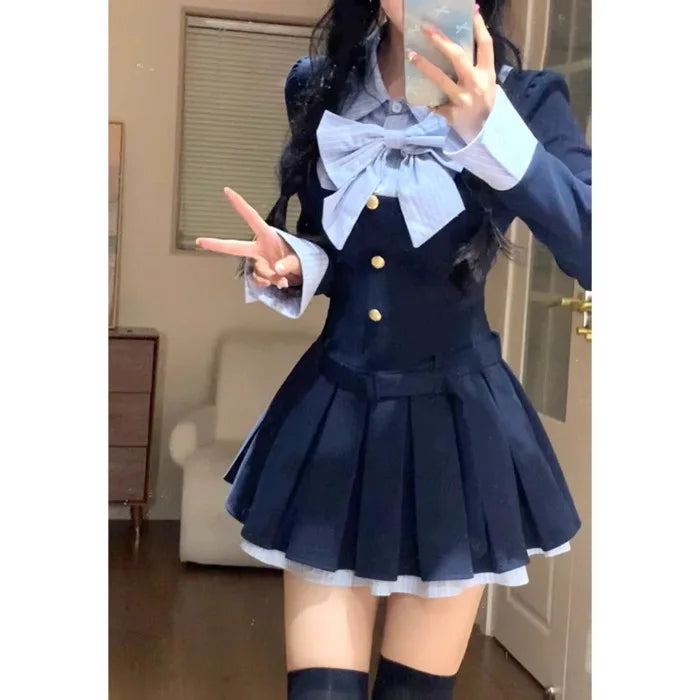 Fall Korean Style INS Dress Set Fake Two-Piece Polo Collar Long Sleeve Short Skirt A- Line Pleated Skirt Atmosphere Rich Girl
