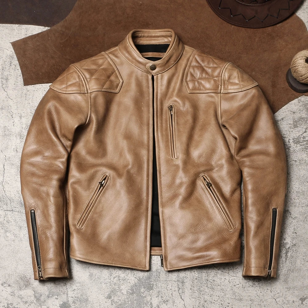 Light Brown Winter Leather Jacket Men Sprots Style Plus Size 5XL Genuine Natural Thick Cowhide Stand Collar Slim Leather Coat