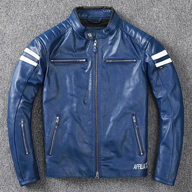 Blue Spring Leather Jacket Men Sports Style Plus Size 3XL Genuine Natural Cowhide Stand Collar Slim Fit Leather Coat