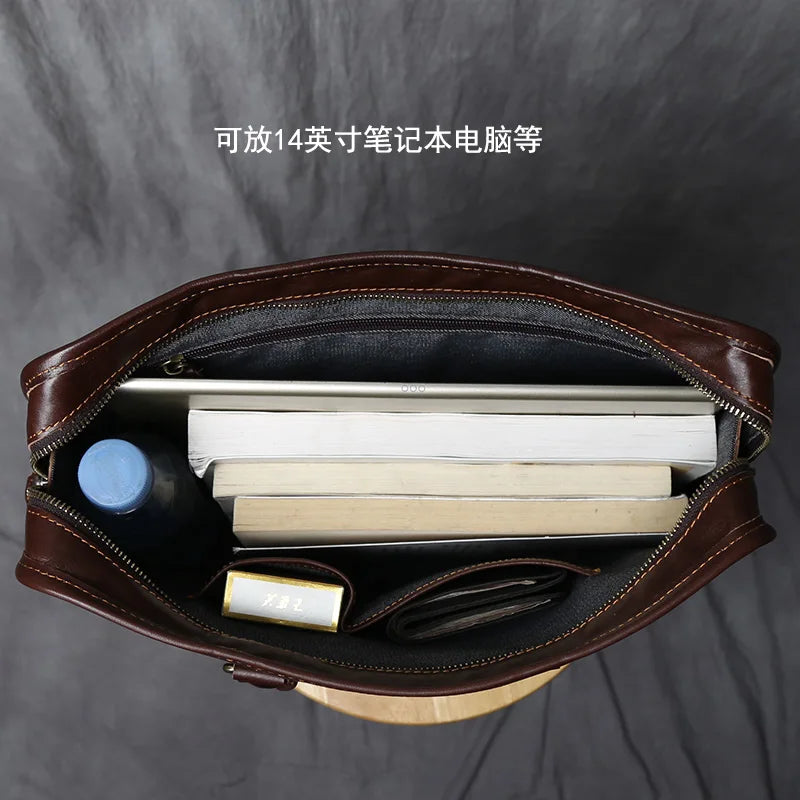 NZPJ Vintage Genuine Leather Men's Briefcase Natural Cowhide Handbag Casual Crossbody Bag Computer Suitable for 14 inch Laptops