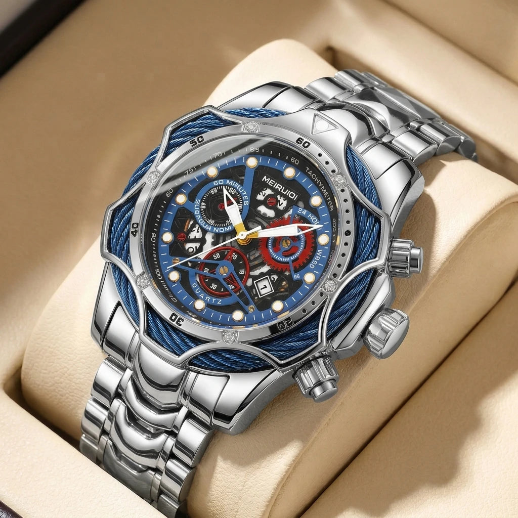 1pc Iridescent Color Changing Metal Strap Watch Mechanical Hollow Dial Chronograph Fashion Trendy Wristwatch For Men Women Daily