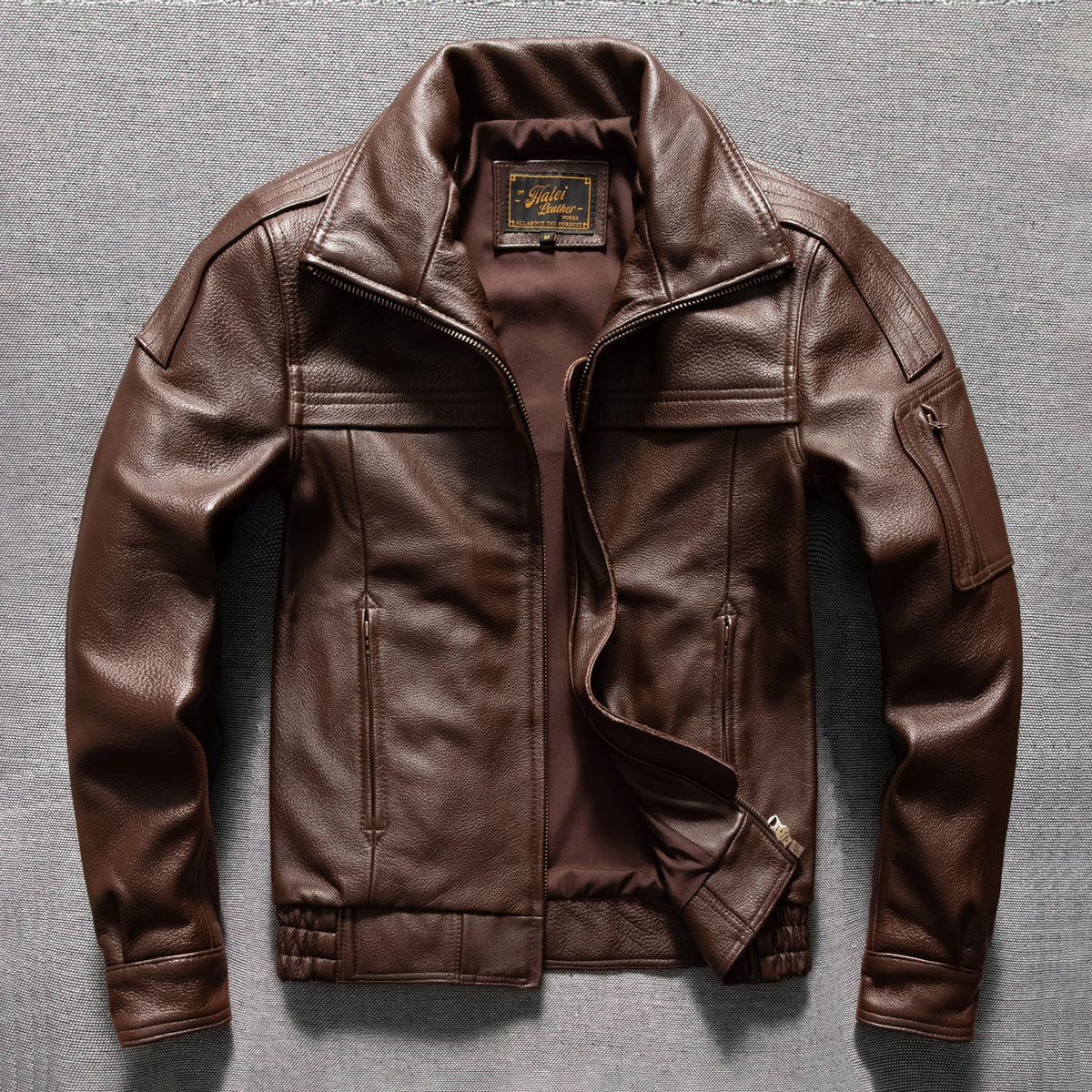 Men's Brown Leather Jacket  Vintage Flight Jacket with Stand Collar, Military Style, Front Zipper, Sleeve Pocket, Ribbed Hem