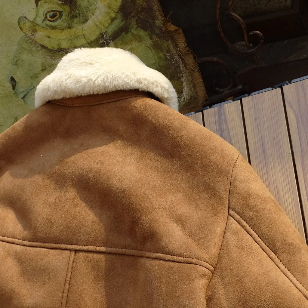 Light Brown Winter Shearling Jacket Men Casual Style Plus Size 4XL Genuine Natural Thick Sheepskin Warm Single Breasted Coat