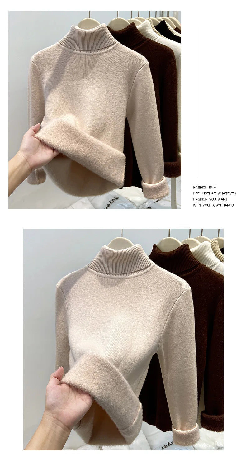 Thickened High Collar One-Piece Fleece Knitted Sweater Women Winter Slim Fit Inner Wear Fashionable Basic Style Base Shirt