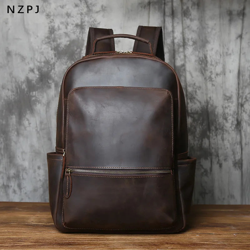 NZPJ Vintage Genuine Leather Men's Backpack Top-Grain Cowhide Large-Capacity Travel Backpack Crazy Horse Leather  Laptop Bag