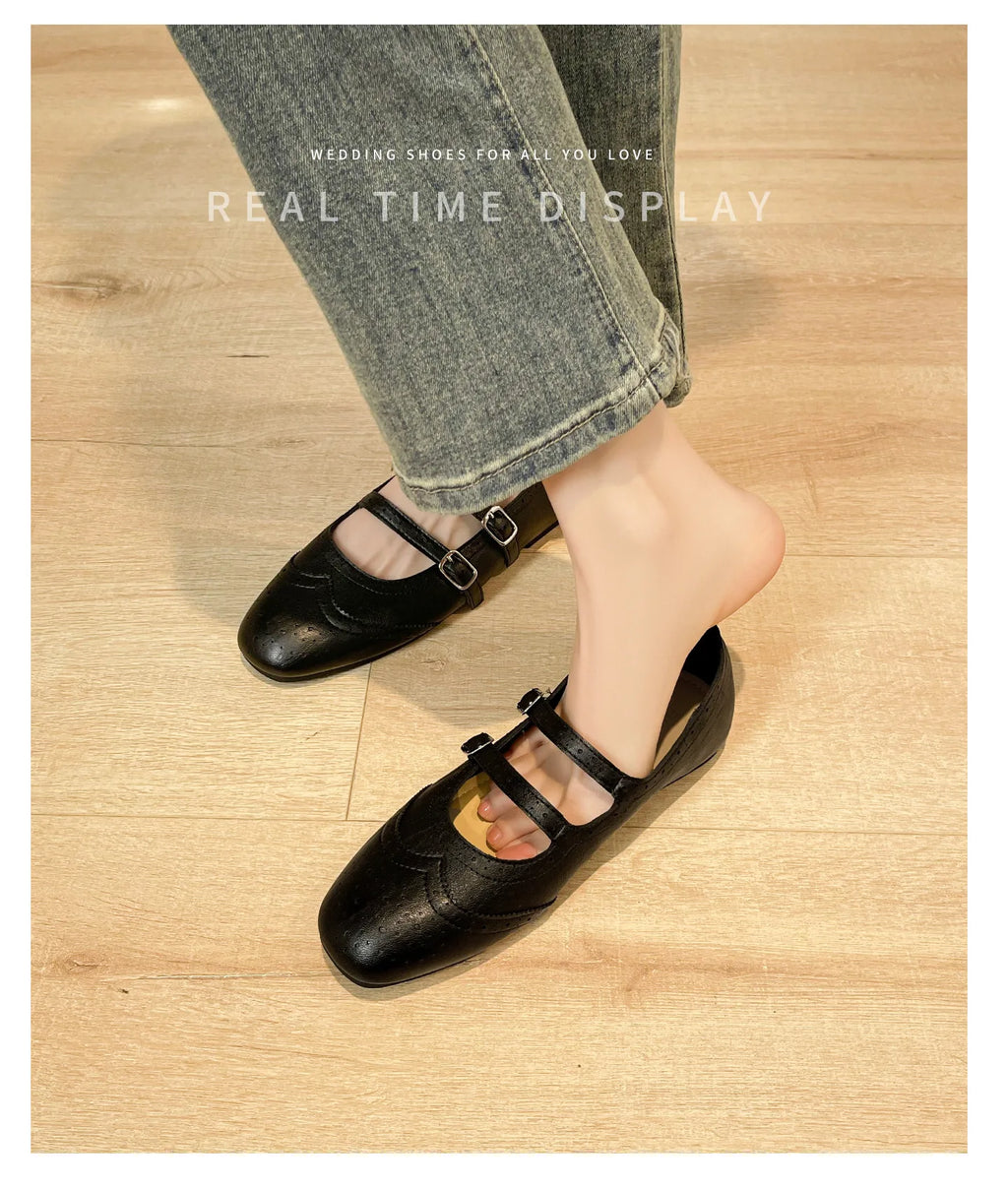 French Style Double Buckle Mary Jane Shoes Women's plus Size Flat Bottom Leather Version Beautiful Carving Spring Summer Autumn