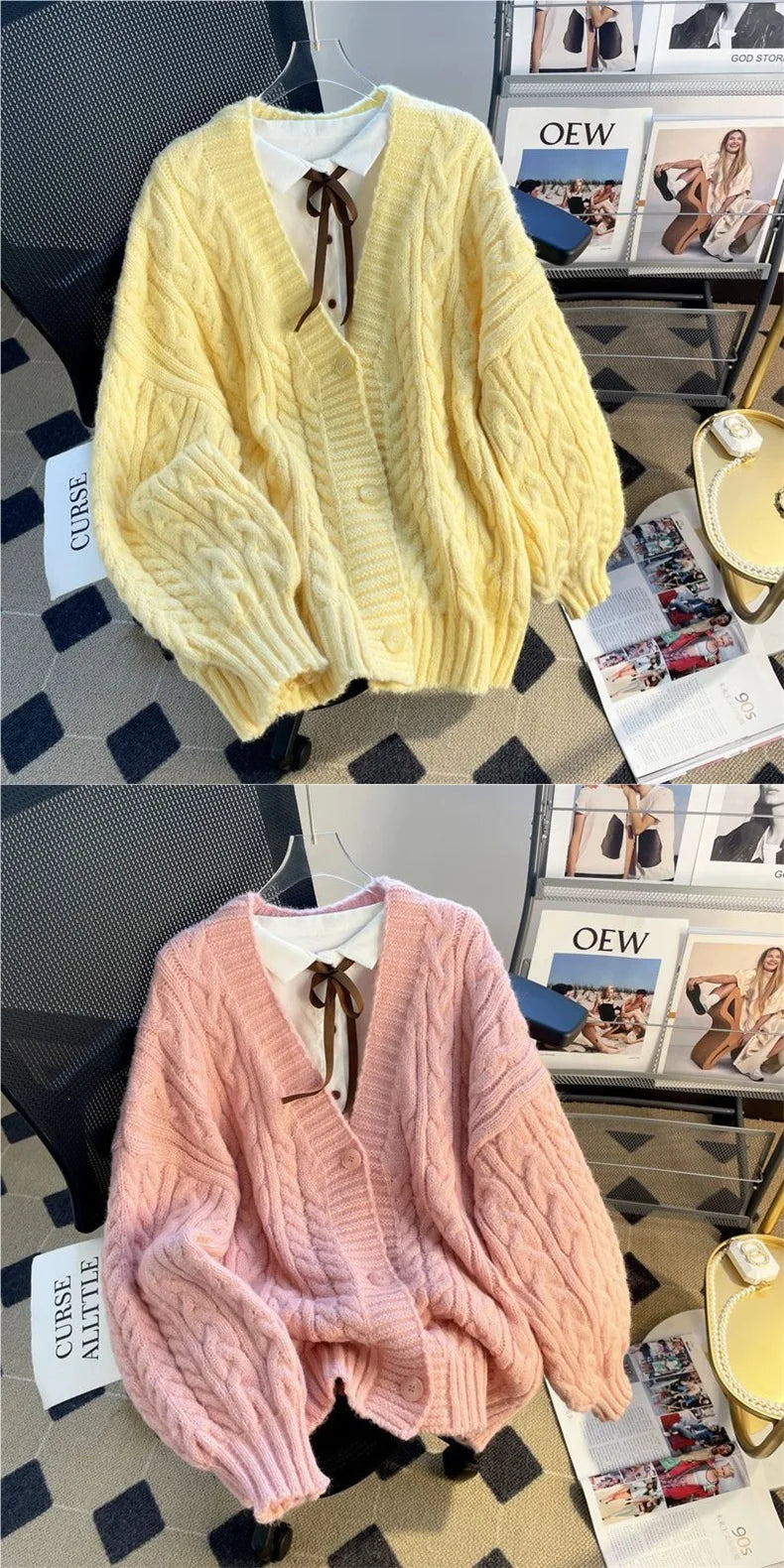 Women's Thickened Lazy Design Knitted Cardigan Sweater Outerwear Loose Princess Sleeve V-Neck Long Sleeve Autumn Winter Coat