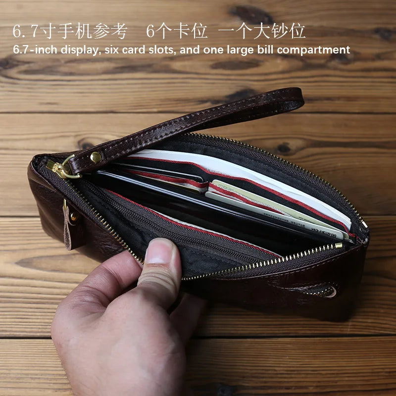 NZPJ Vintage Genuine Leather Long Wallet Top-Grain Cowhide Men's Clutch Women's Large Capacity Phone Bag