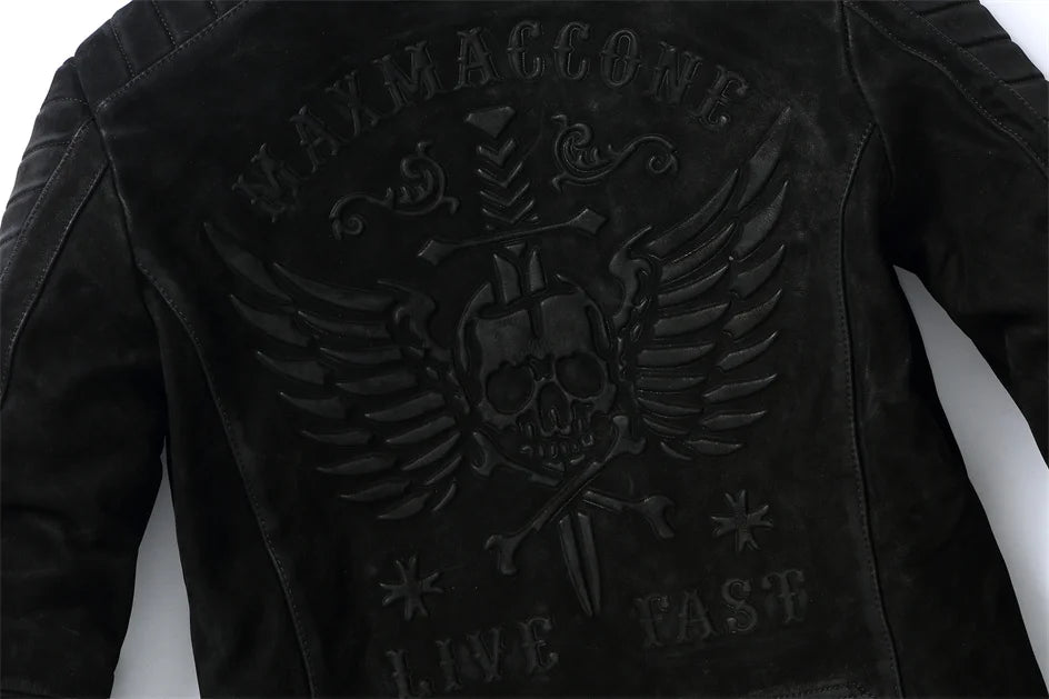 Black Winter Leather Jacket Men Vintage Style Plus Size 3XL Genuine Natural Thick Cow Suede Stand Collar Skulls Pattern Coat