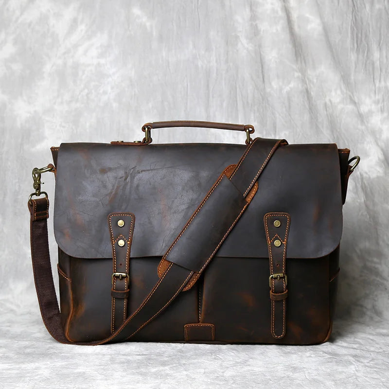 NZPJ Retro Leather Men's Handbag Top Layer Leather Horizontal Computer Bag Crazy Horse Leather Men Casual Shoulder Messenger Bag