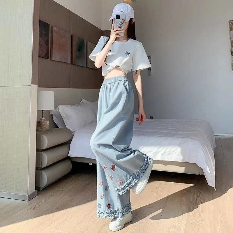 High Waist Thin Wide Leg Pants Women's Spring Summer Fashion Casual Loose Fit Nine Point Straight Cut Pants Lace Trim