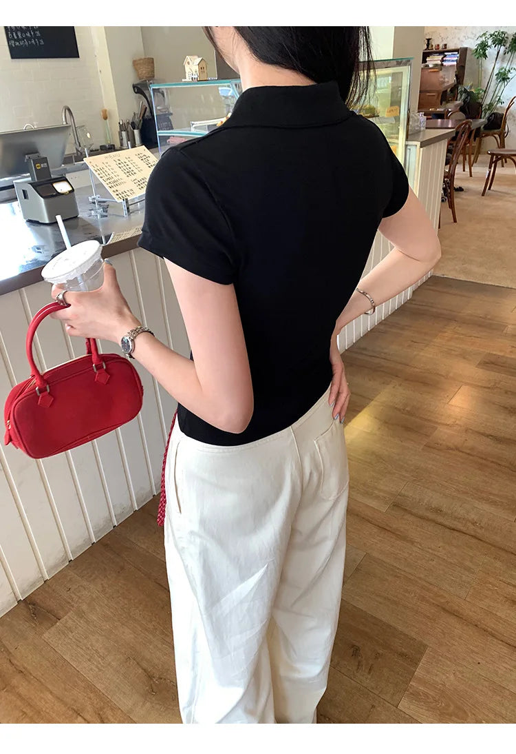 American Style Collared Short Sleeve T-Shirt Women Summer Slim Fit Flattering Short Length Fashionable Casual Commute Wear