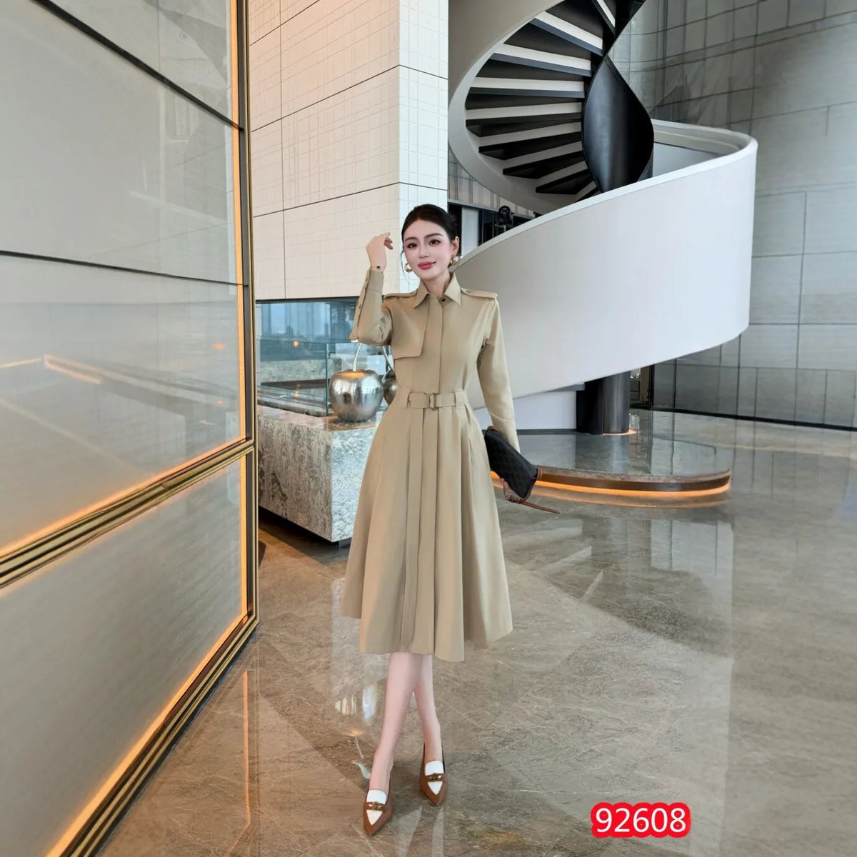 Blue Khaki Waist-Cinching Long Sleeve Midi Dress Women's New Style French Elegant Coat Dress Cotton Pure Color A-Line Skirt