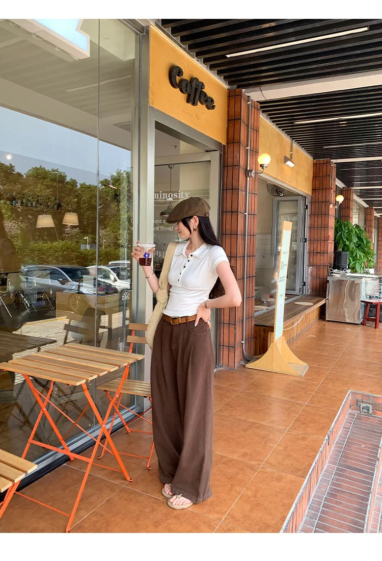 American Style Collared Short Sleeve T-Shirt Women Summer Slim Fit Flattering Short Length Fashionable Casual Commute Wear