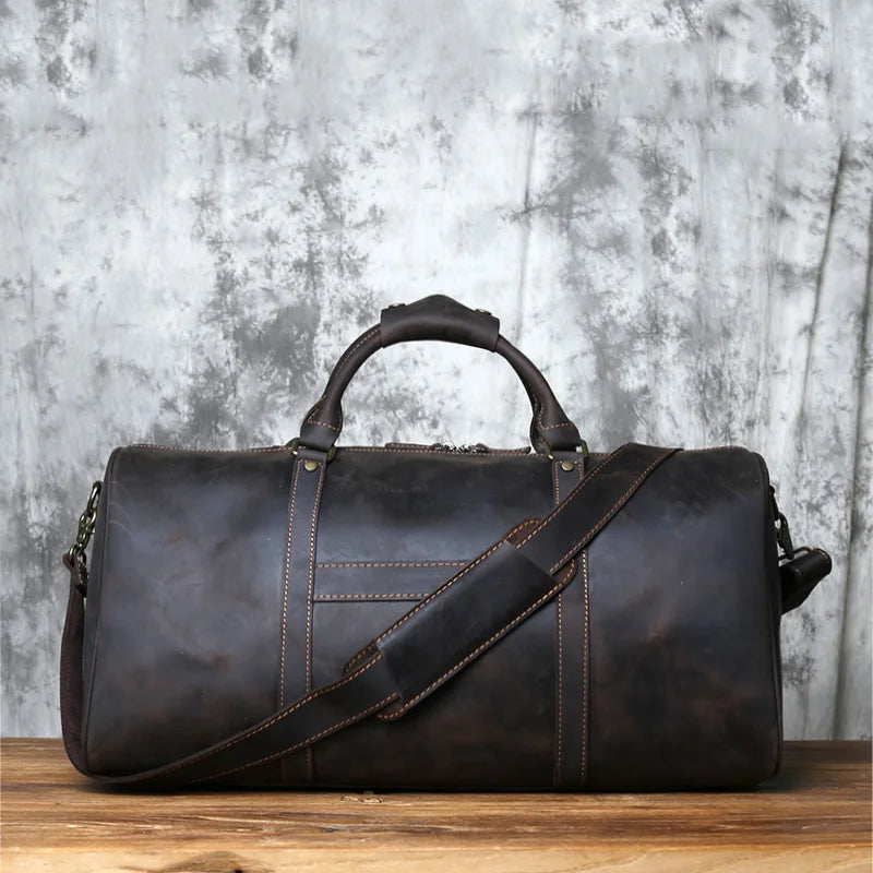 NZPJ Retro Genuine Leather Travel Bag Crazy Horse Leather Men's Handbag Top Layer Cowhide Crossbody Bag Wearable Trolley Luggage