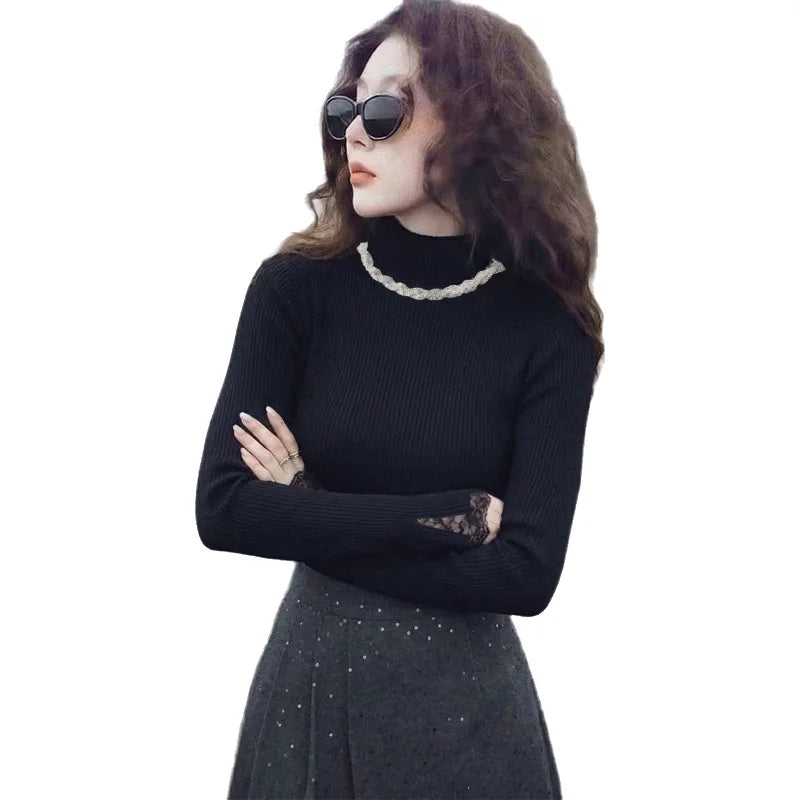 French Elegant Lace Splice Diamond Collar Knitted Sweater Women's Autumn Winter Slim Fit Base Shirt Long Sleeve Knitwear