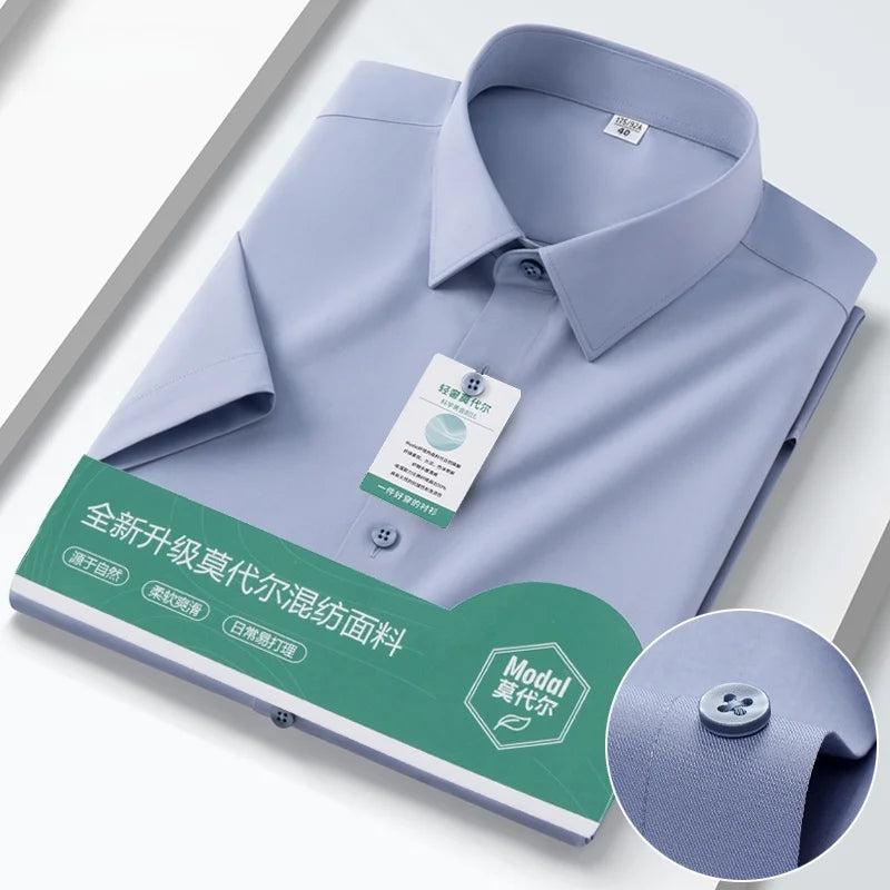 Iron-Free Ice Silk Modal Men's Business Style Slim Fit Short Sleeve Shirt Pure Color Breathable Comfortable Office Work Shirt