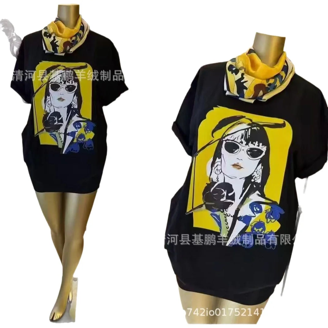 Loose Fit Embroidered Cotton T-Shirt Women's Shoulder Width round Neck Print Short Sleeve Cross-Border Half Sleeve Street Style