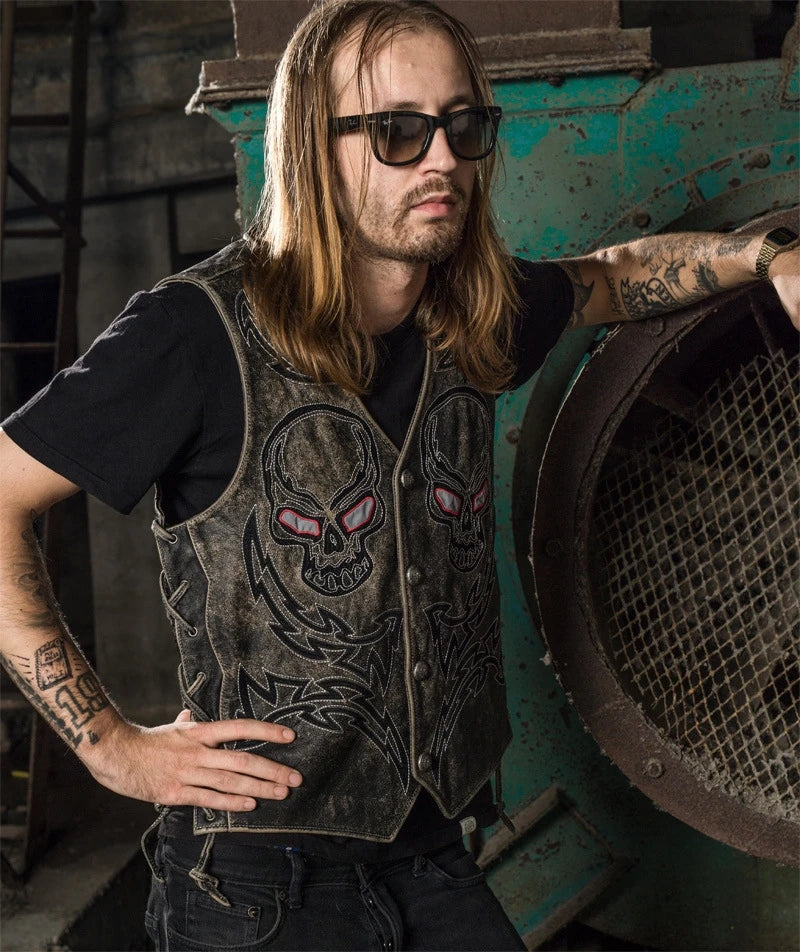Black Spring Leather Vest Men Skull Embroidery Retro Style Plus Size 5XL Genuine Natural Cowhide Single Breasted Sleeveless Coat