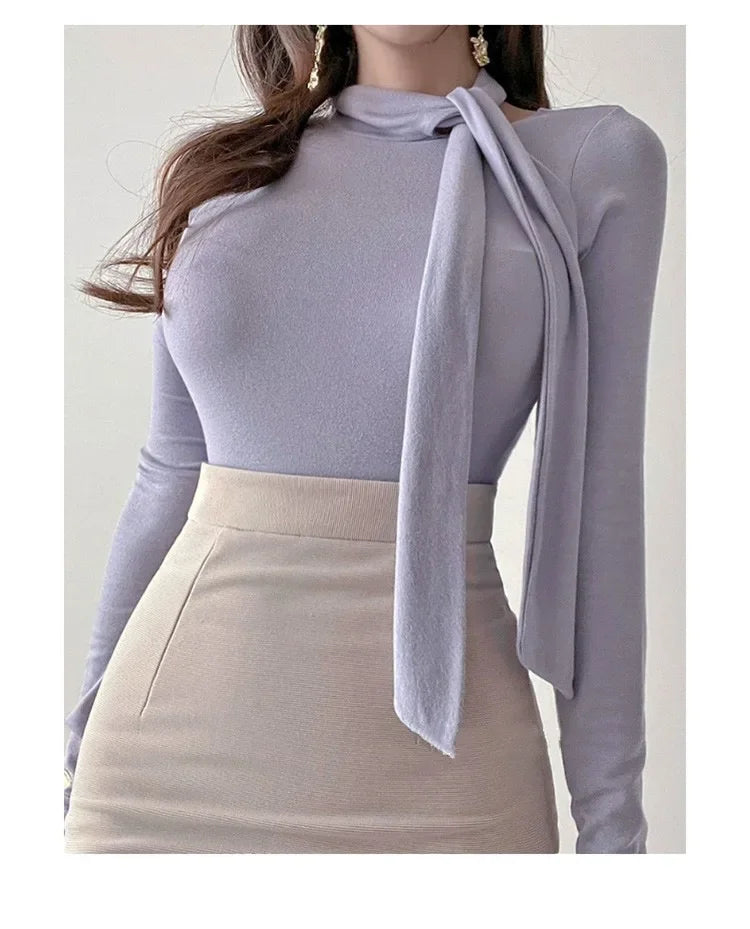Korean Style Women's Long Sleeve T-Shirt Bow Design Halter Neck Slim Fit Comfortable Base Shirt Cotton Spring Summer Top