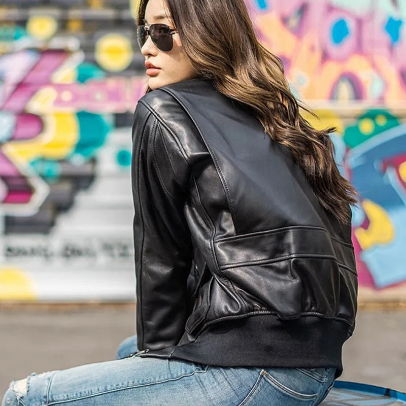 Black Winter Leather Jacket Women Military Style Plus Size 3XL Genuine Natural Thick Sheepskin Wool Collar Warm G1 Flgiht Coat