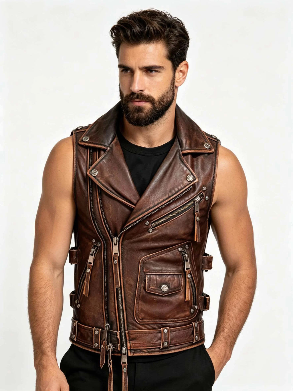 Men Red Brown Leather Biker Vest Vintage Distressed Asymmetrical Zip Sleeveless Jacket Punk Rock Studded Multi-Pocket Waistcoat