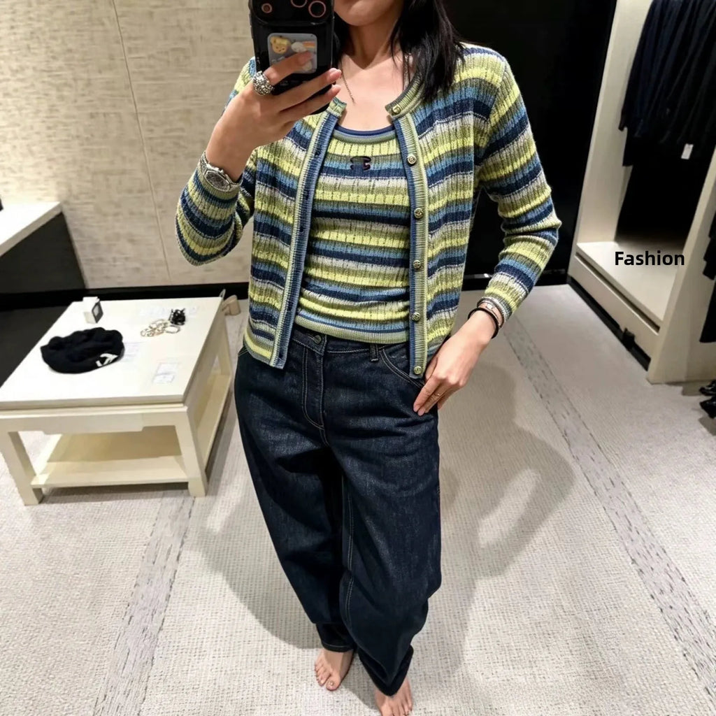 Colorful Striped Knitted Vest Hollow out Slimming U-Neck Summer Cardigan Fashionable Women's Clothing Breathable Ice Silk