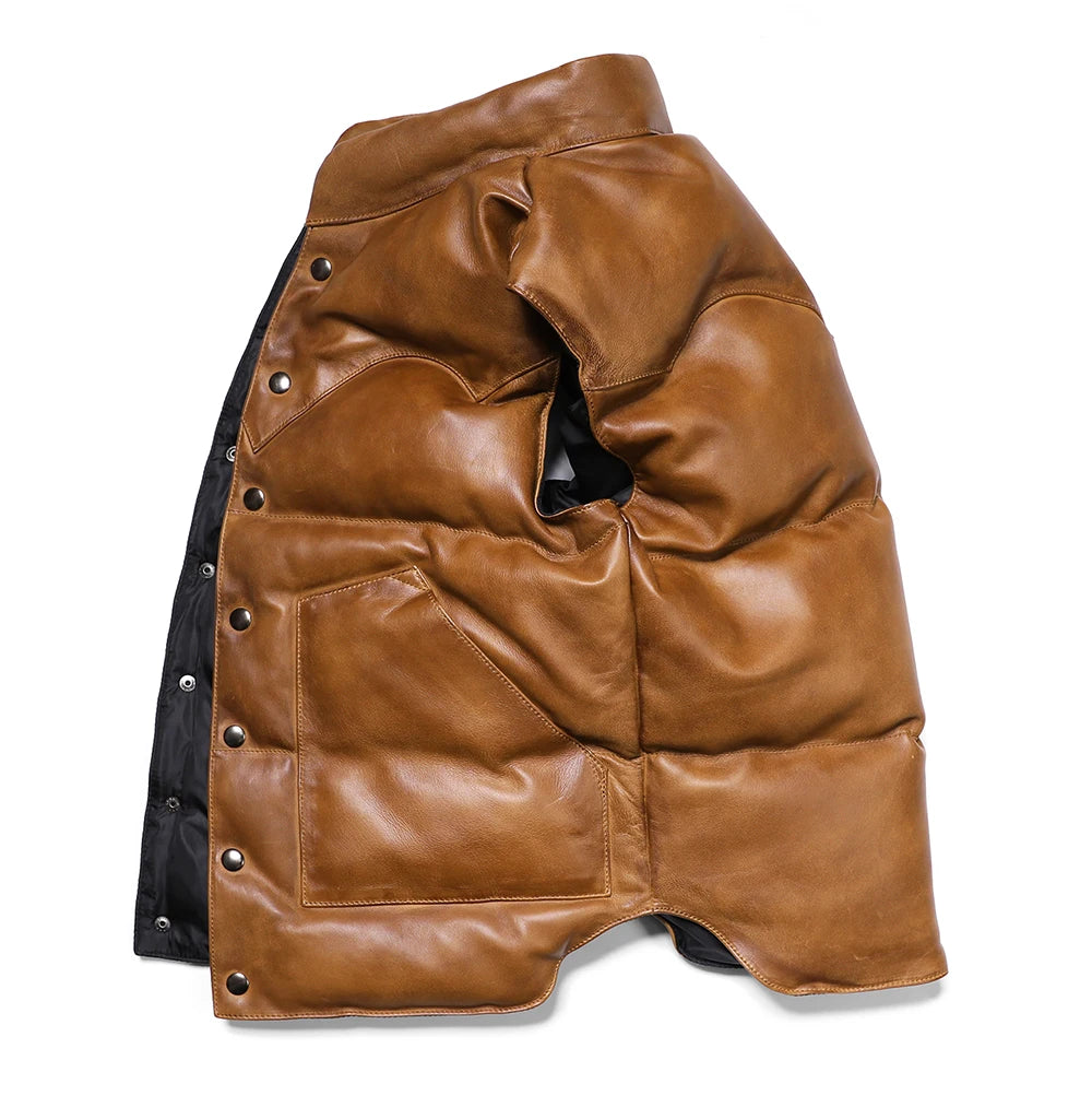 Brown Winter Down Vest Men Japan Casual Style Plus Size 5XL Genuine Natural Sheepskin Stand Collar Single Breasted Leather Vest