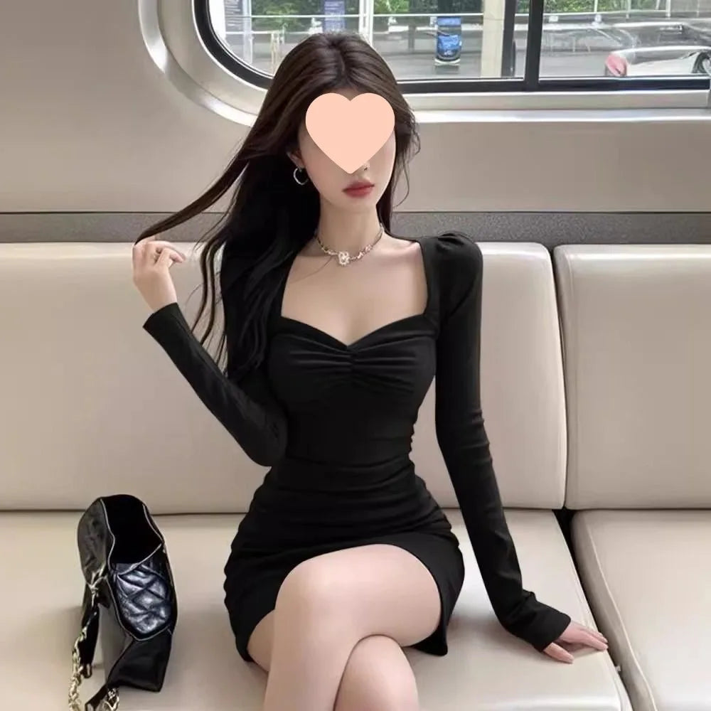 Black French Style Square Collar Vintage Dress Women's Autumn New Slimming Waist Design Bodycon Skirt Long Sleeve Pure Color