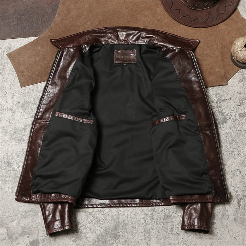 Dark Brown Spring Leather Jacket Men Casual Style Plus Size 4XL Genuine Natural Sheepskin Turn-Down Collar Slim Fit Retro Coat