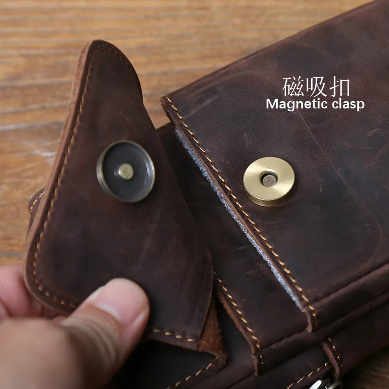 NZPJ Genuine Leather Men's Waist Bag Vintage Crazy Horse Leather Saddlebag Casual Top-Grain Cowhide Cell Phone Pouch