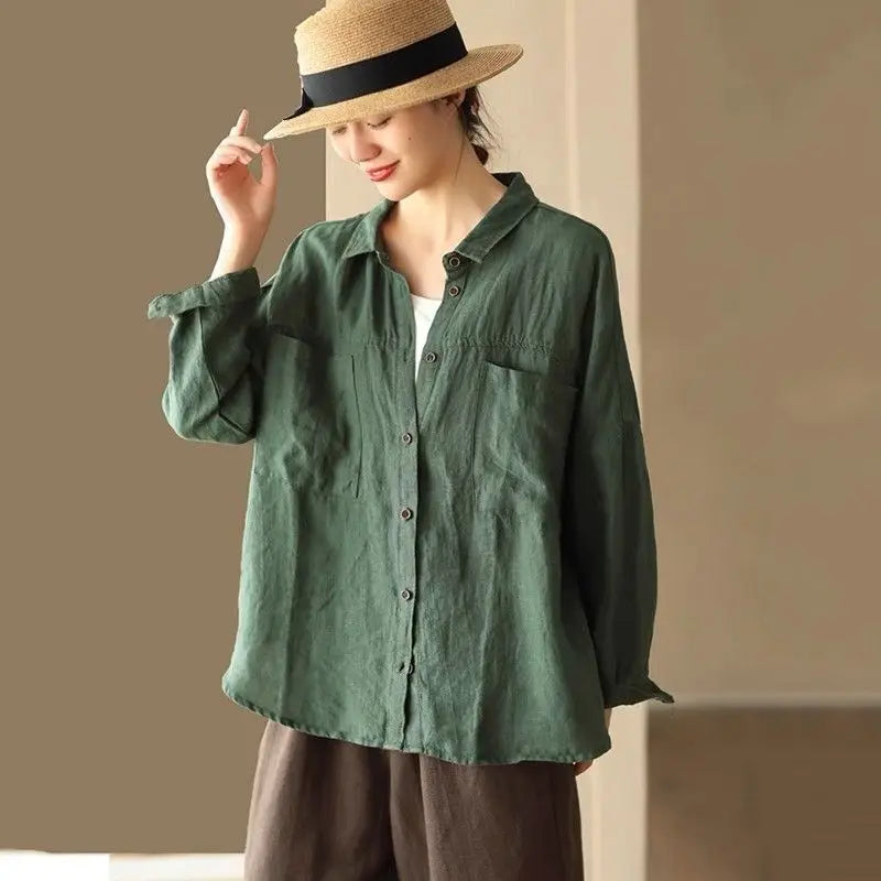 Loose Fit Casual Cotton Linen Long Sleeve Shirt Women's Autumn Winter New Style Thin Open Cardigan Top Comfortable Loose Style