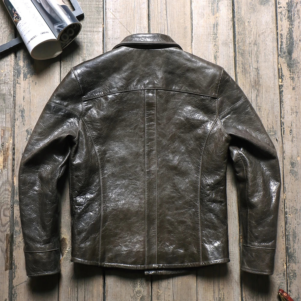 Dark Green Spring Leather Shirt Men Casual Style Plus Size 5XL Genuine Natual Sheepskin Turn-Down Collar Single Breasted Coat