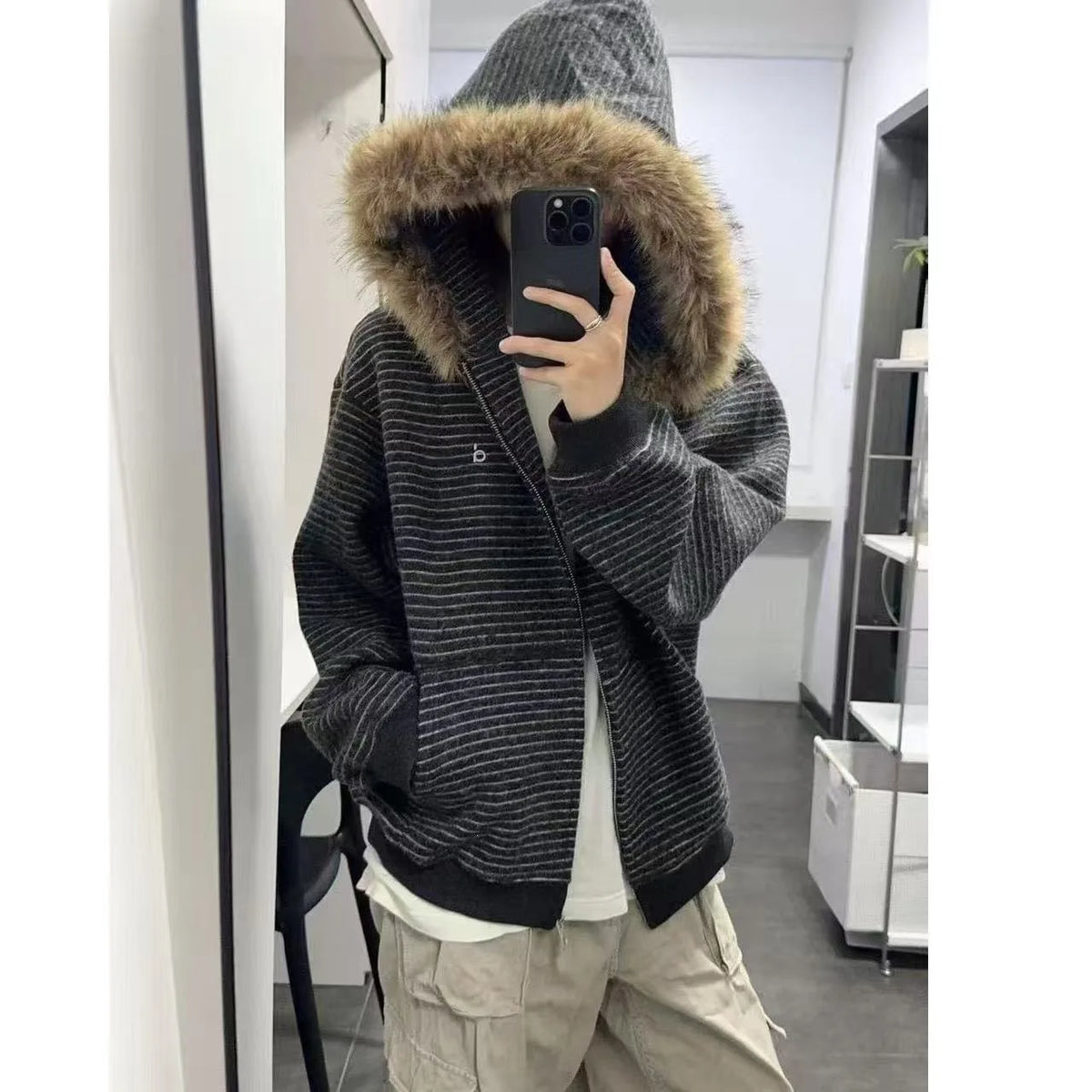 Retro American Striped Hoodie Jacket Women's Loose Fur Collar Outerwear Autumn Winter Zipper Open Cardigan Style Polyester