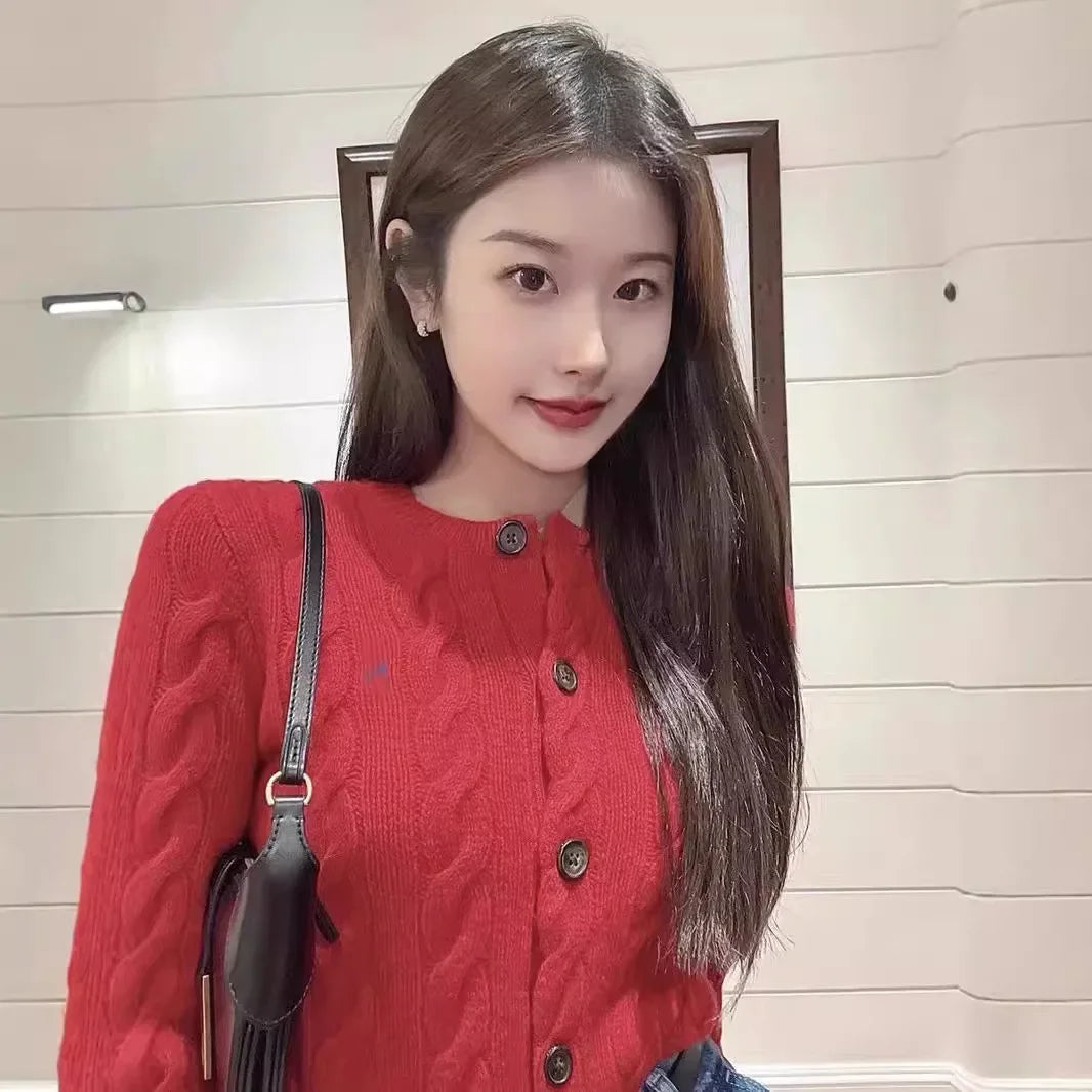 Women's Knitted Wool Sweater Cardigan round Neck Thick Outerwear Top Retro Twisted Knit Autumn Winter Sweater Crew Neck
