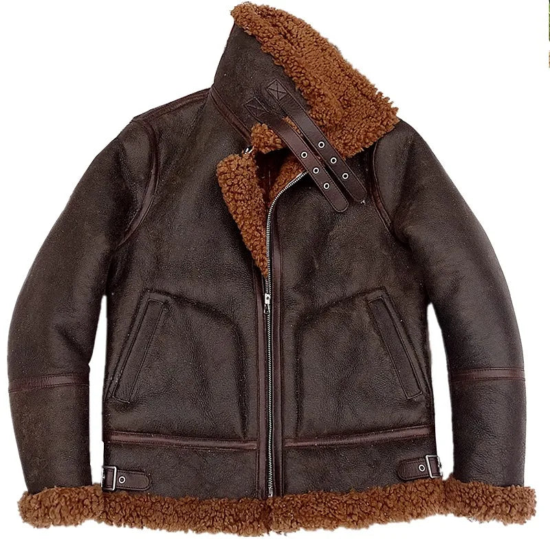 Dark Brown Winter Shearling Jacket Men Retro Vintage Style Plus Size 4XL Genuine Natural Sheepskin Bomber Military Flight Coat