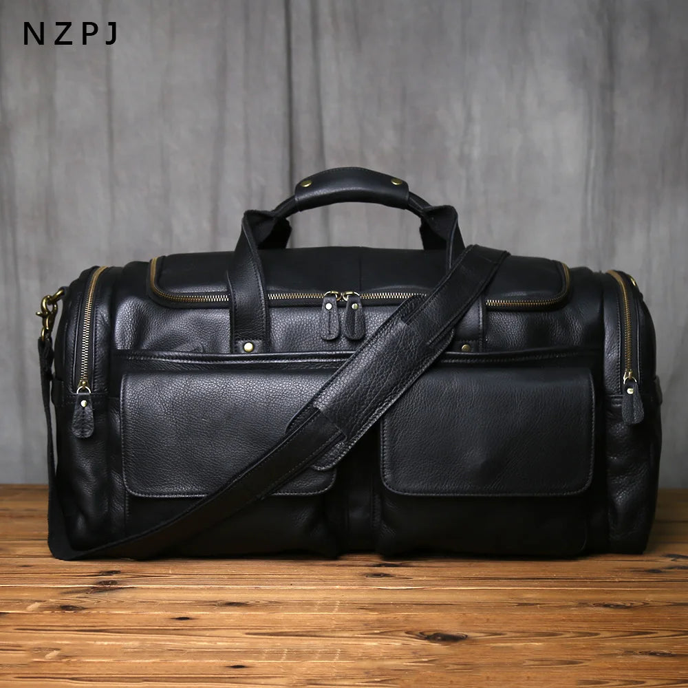Retro Men's Hand Luggage Bag Leather Travel Bag Top Layer Cowhide Large Capacity One Shoulder Messenger Bag Casual Laptop NZPJ