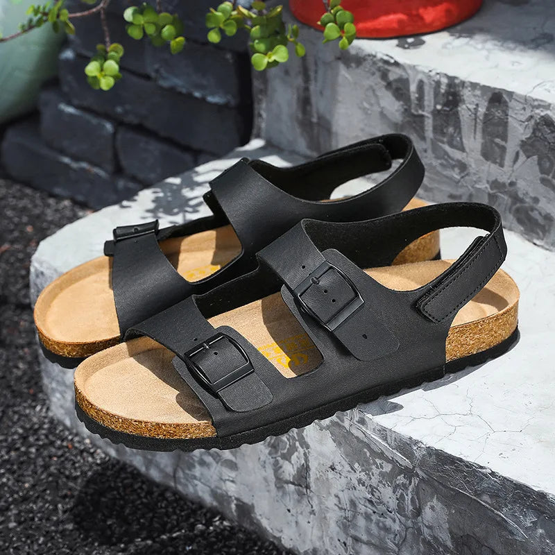 Summer Flats Cork Slippers Men's Sandals Flat Heel Casual Shoes Beach Shoes Softwood Slippers Comfortable Slip-On Footwear