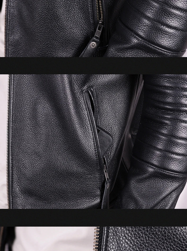 Black Autumn Leather Jacket Men Sports Style Plus Size 5XL Genuine Natural Cowhide Stand Collar Slim Fit Short Coat