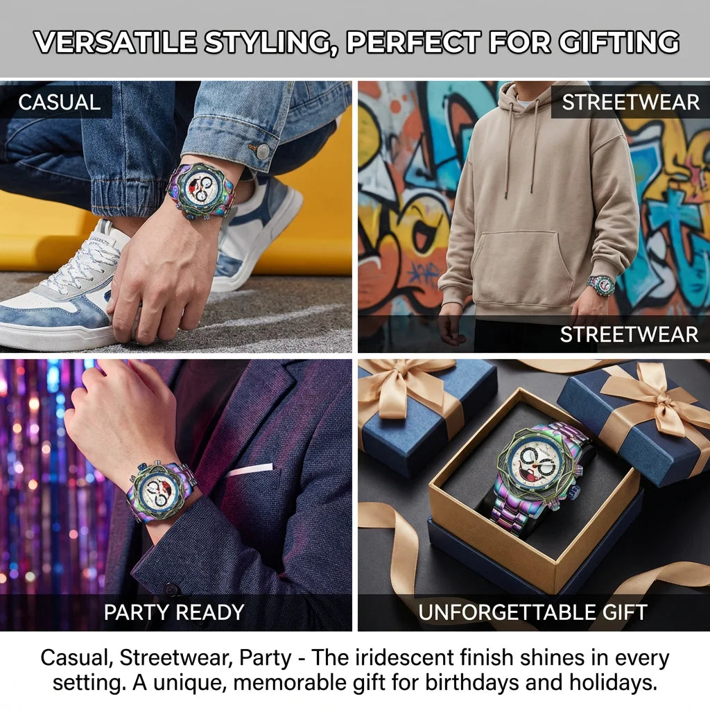 4pc Men's Iridescent Clown Face Metal Band Bold Crystal-studded Sunglasses Perfume Mechanical Watch Gift Box Set for Party