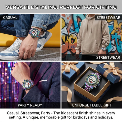 4pc Men's Iridescent Clown Face Metal Band Bold Crystal-studded Sunglasses Perfume Mechanical Watch Gift Box Set for Party